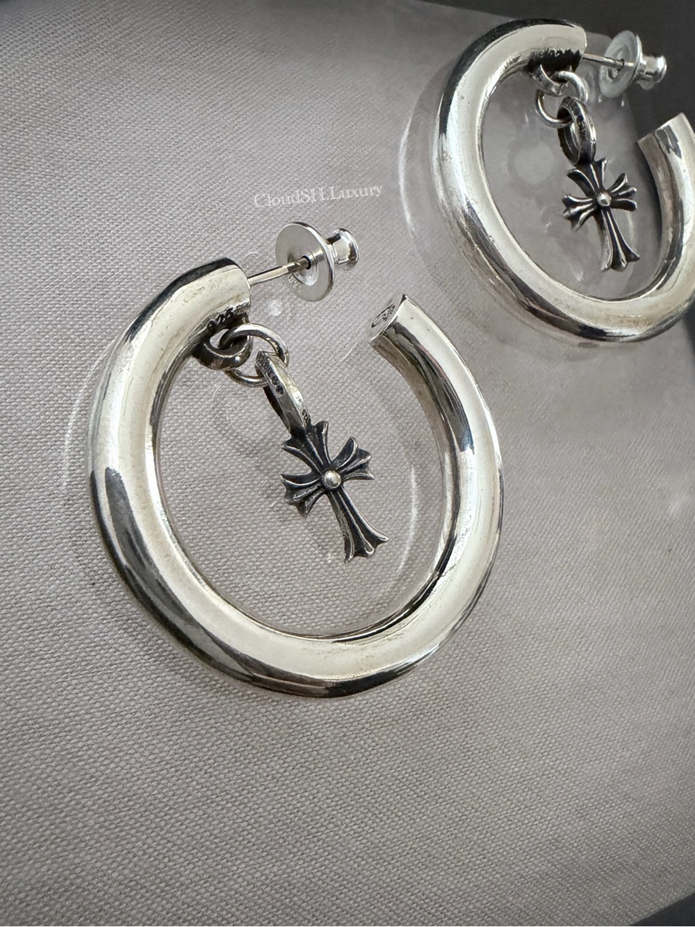 Auth BN Chrome Hearts Baby Fat Cross Hoop Earrings